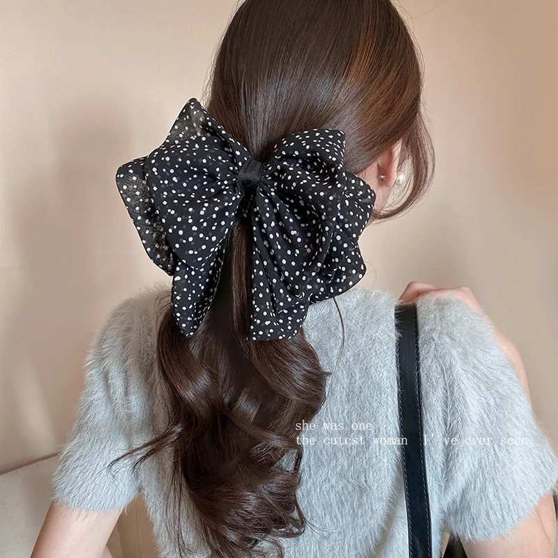 法式复古黑白波点蝴蝶结抓夹气质夹子发抓飘逸马尾夹鲨鱼夹头饰女