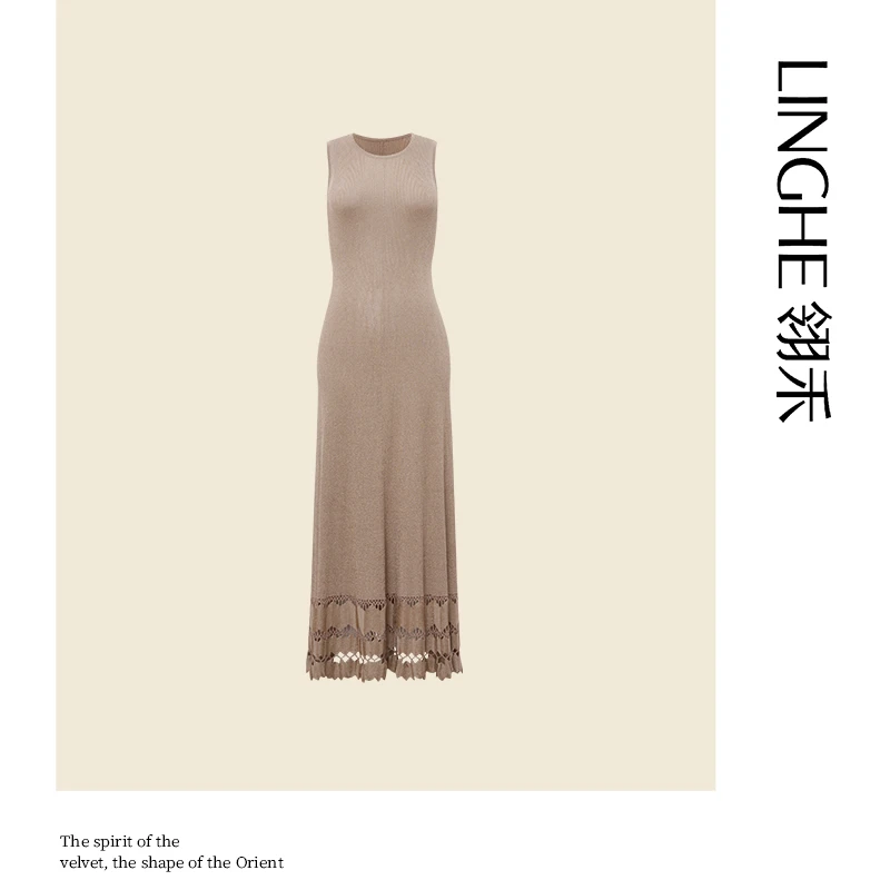 翎禾LINGHE-「花朝知语」夏季无袖气质轻奢优雅手工钩花针织连衣裙