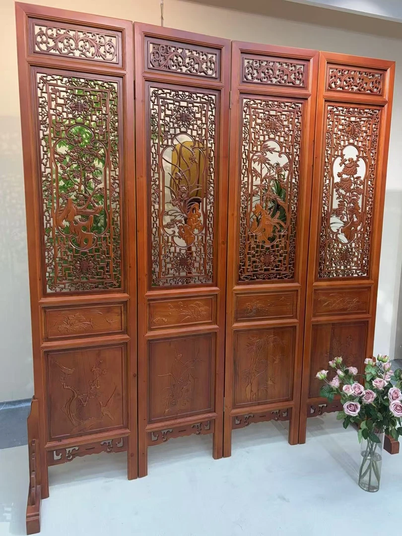 新中式香樟木屏风 可移动折叠屏风明清古典隔断双面透雕梅兰竹菊