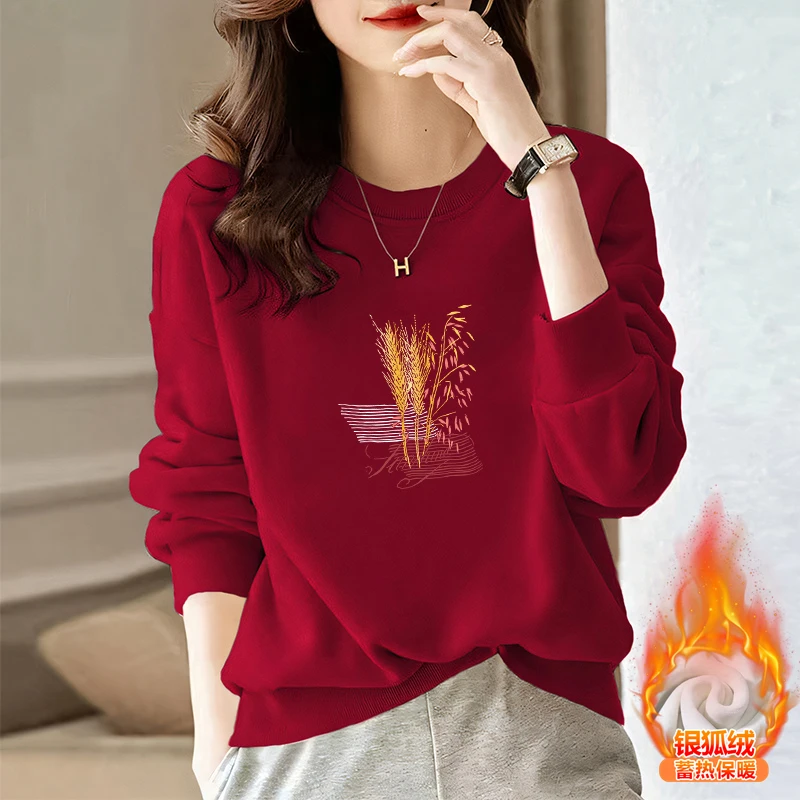 中年妈妈休闲加绒加厚冬季纯棉卫衣红色女减龄遮肚宽松女新款上衣