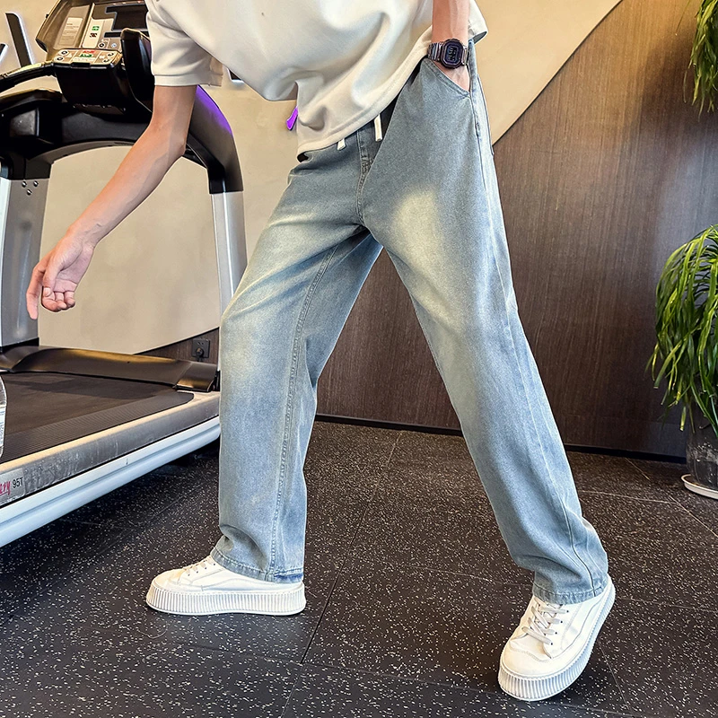 冰丝凉感做旧牛仔裤男夏季潮牌美式高街痞帅宽松直筒裤阔腿休闲裤