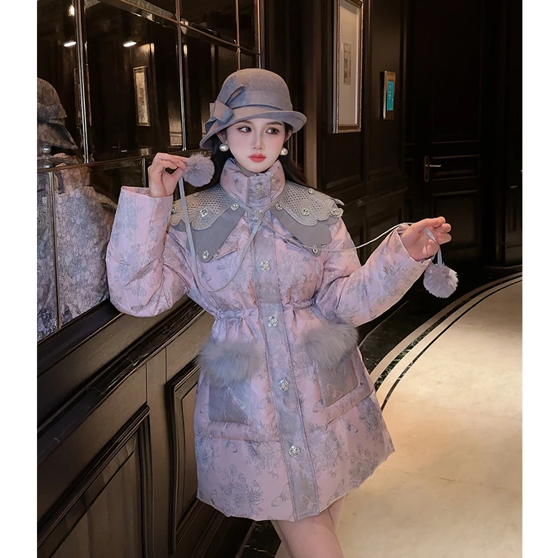 【迷雾森林】羽绒服2025原创设计鎏金蝴蝶收腰羽绒外套女中长款