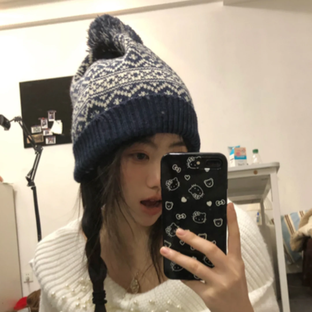 glad u come复古费尔岛风两色毛线帽情侣冬季保暖新款毛球针织帽