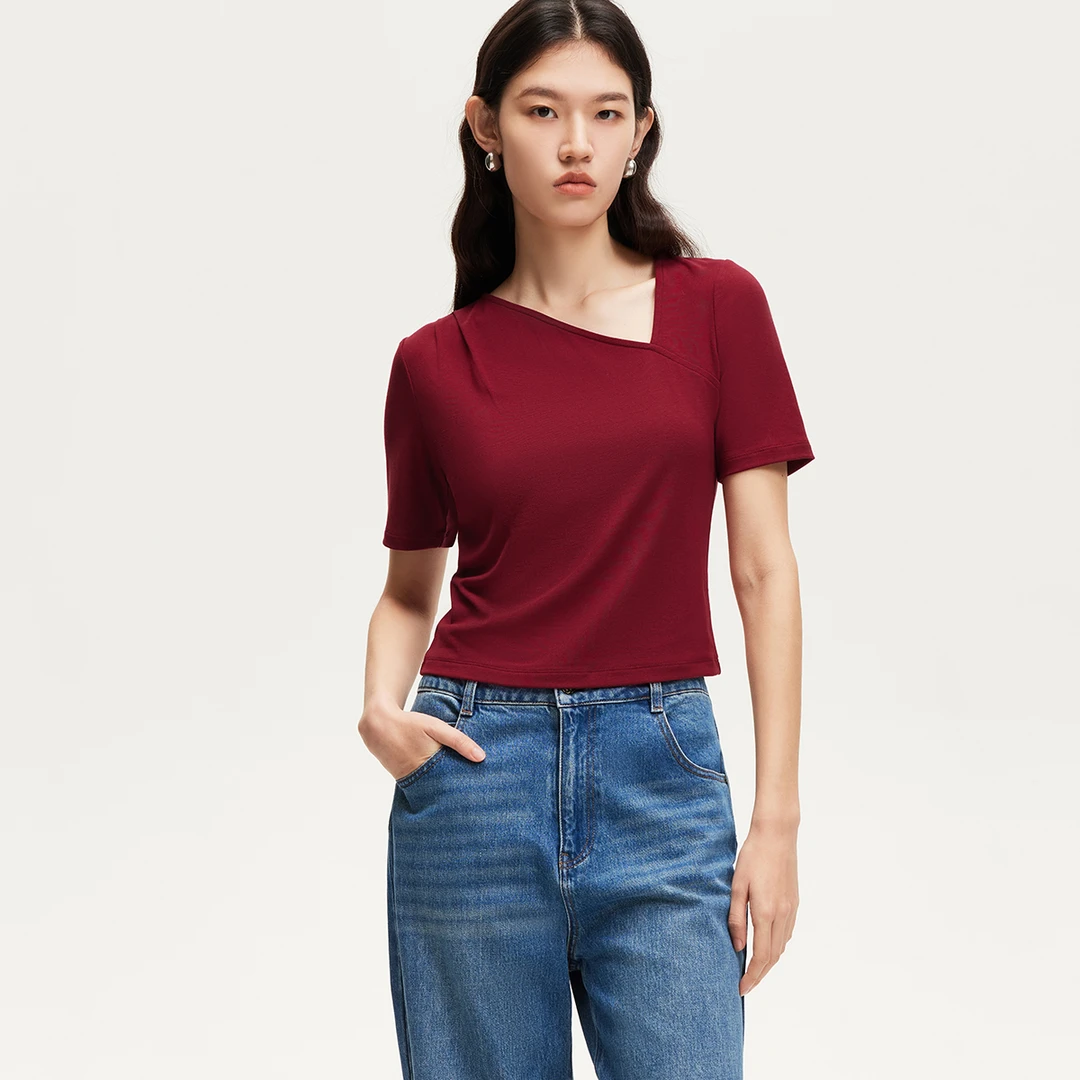 Vero ModaT恤女夏季新款不规则领型修身显瘦短袖T恤百搭325101005