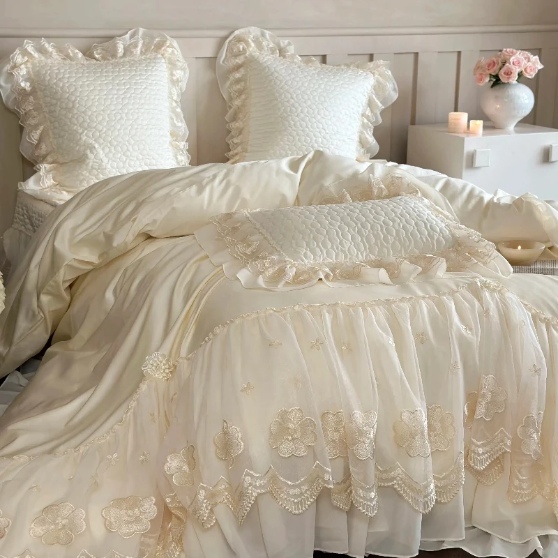 水星高端家纺法式浪漫高级全棉长绒棉床上四件套雪纺蕾丝刺绣被套