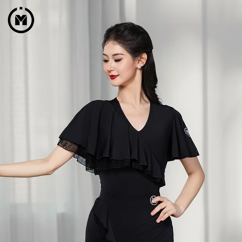 IAMYC摩登舞上衣女成人舞蹈服交谊舞练功服飘纱短袖B10129