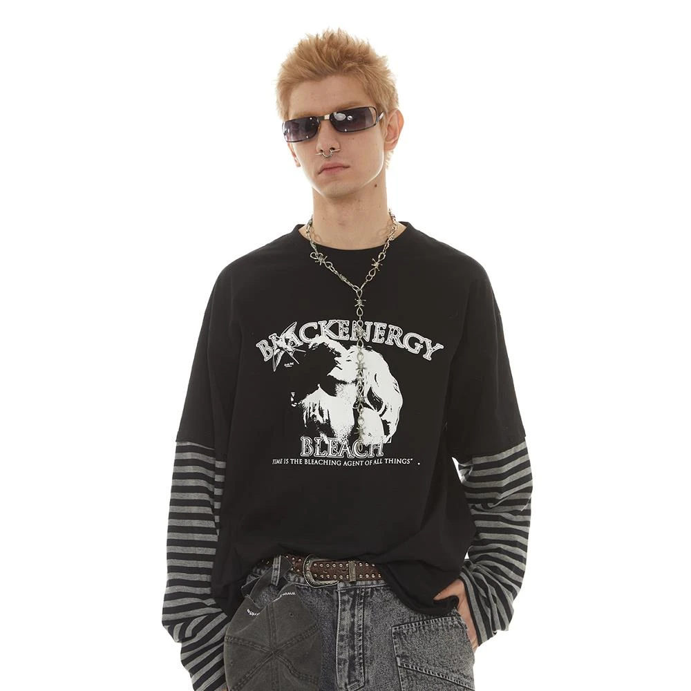 张桂源同款PASET美式复古拥抱印花假两件长袖T恤