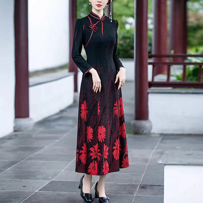 【265】（衣长125cm）立体植绒提花气质旗袍