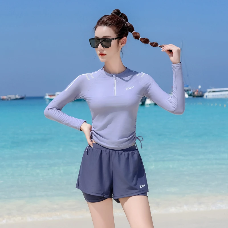 特步长袖泳衣女成人保守2025新款大码胖mm温泉显瘦遮肉分体两件套