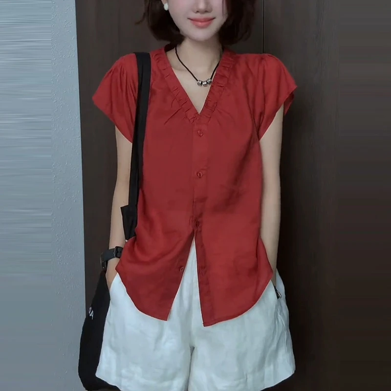 韩版气质通勤红色短袖女2025年夏季新款质感别致高级洋气显白上衣