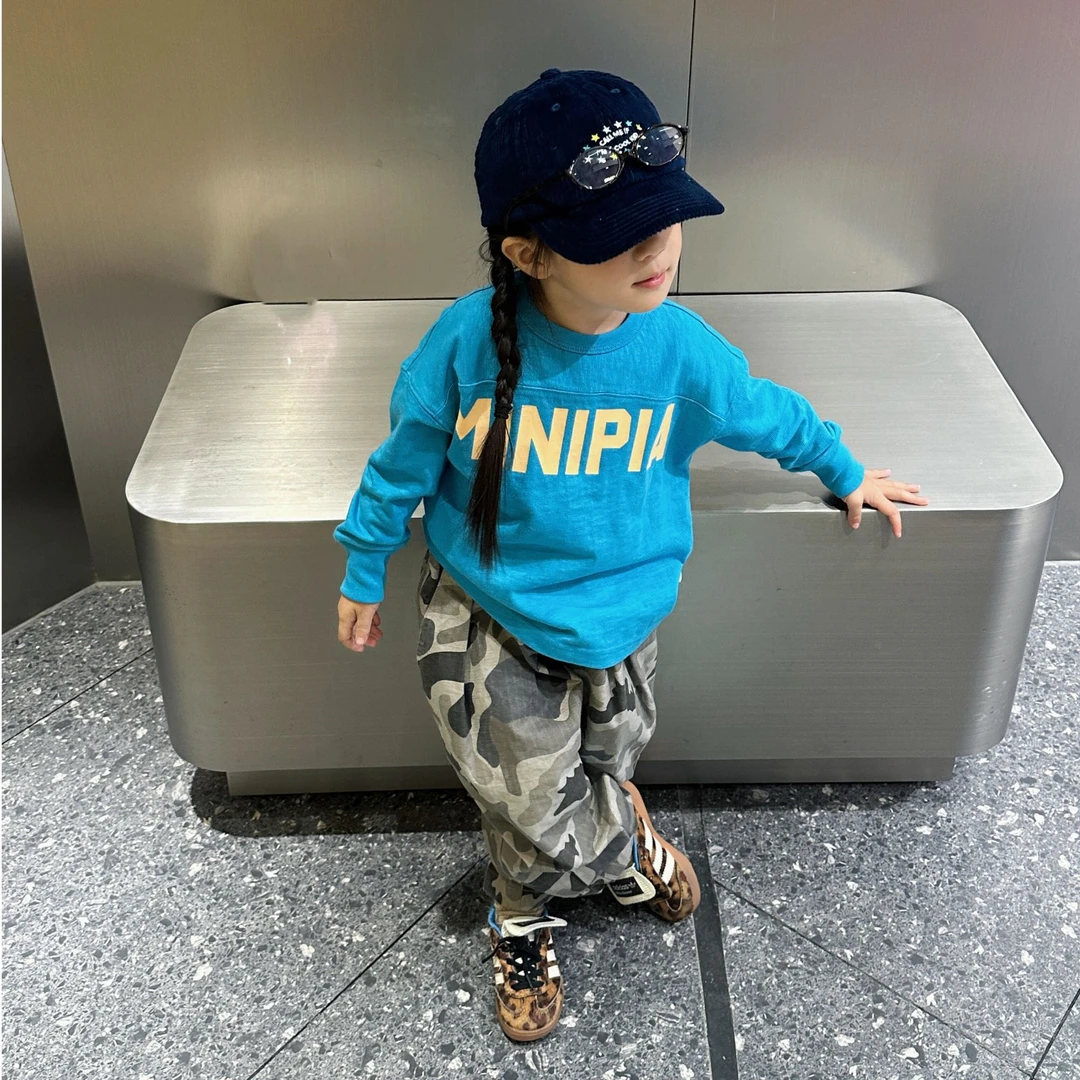 壹妈童装女童秋季套装新款洋气儿童潮酷蓝色字母上衣迷彩时尚长裤