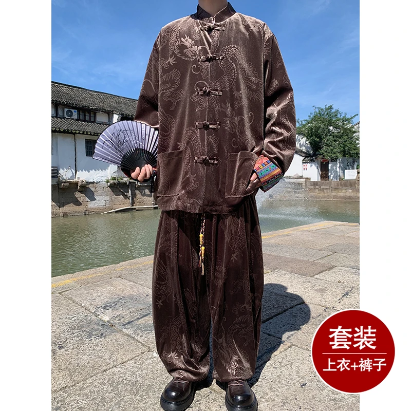 秋冬季中国风藏式民族印花金丝绒套装男复古新中式复古居士服唐装