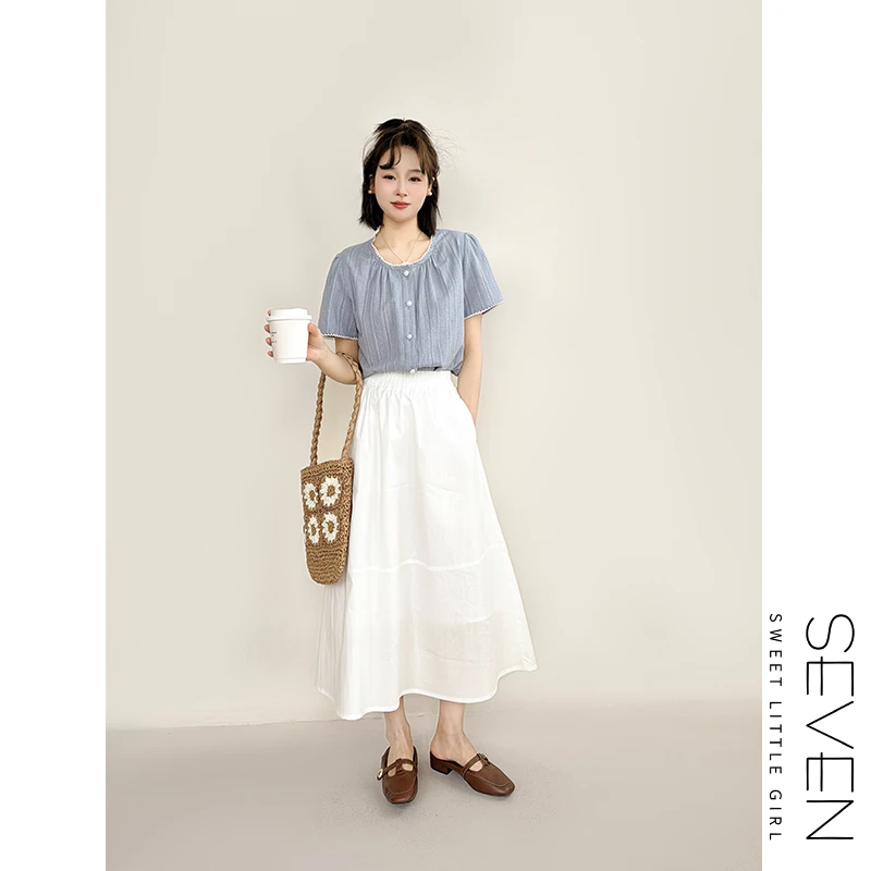 雨线蓝③七七146小个子高级感竖条纹短袖衬衫女夏季宽松上衣小美说