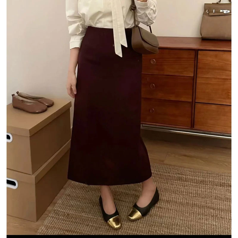 【复古红清仓】2025春季纯色高腰气质显瘦半身裙