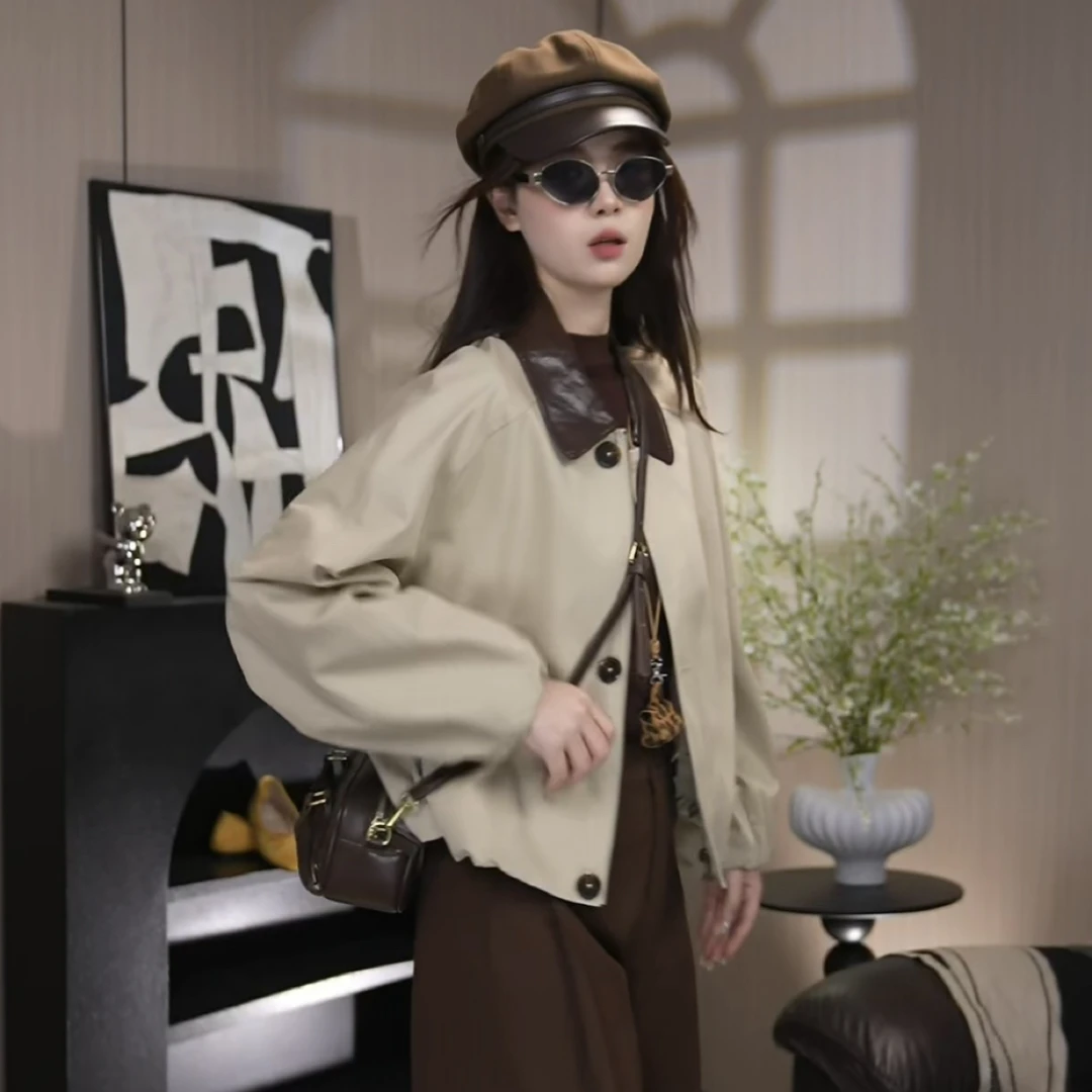 复古高端撞色拼接短款风衣外套女2025秋季宽松韩版百搭上衣夹克