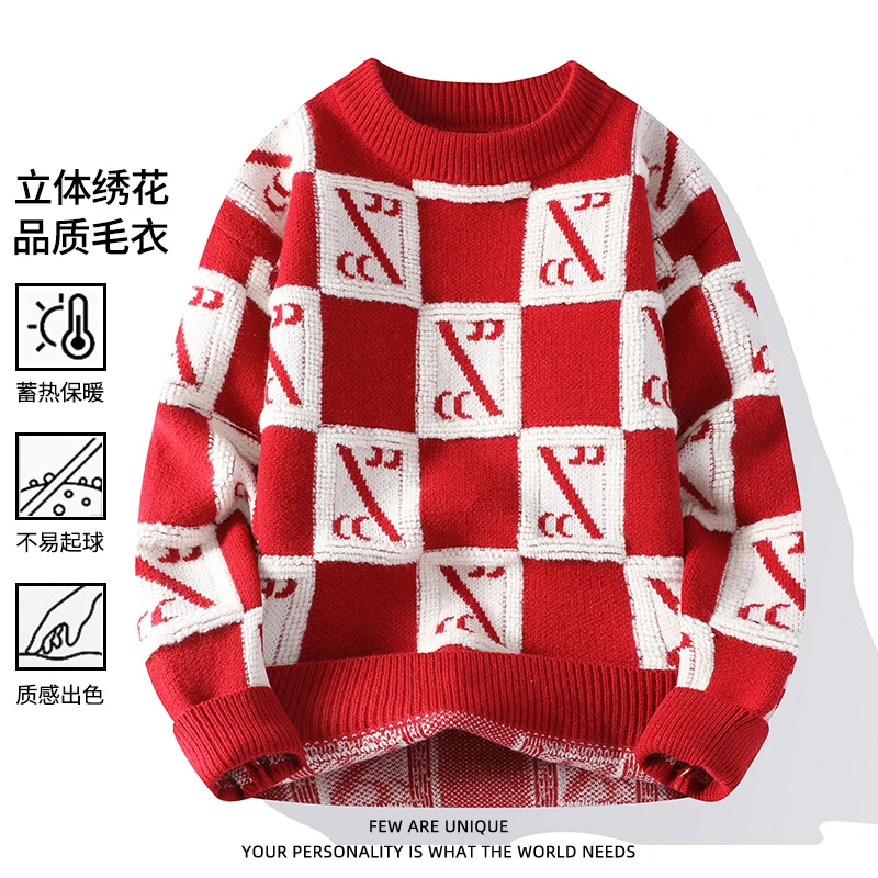 玛斯柏立体绣花红色本命年毛衣男士秋冬季保暖套头针织衫男生衣服
