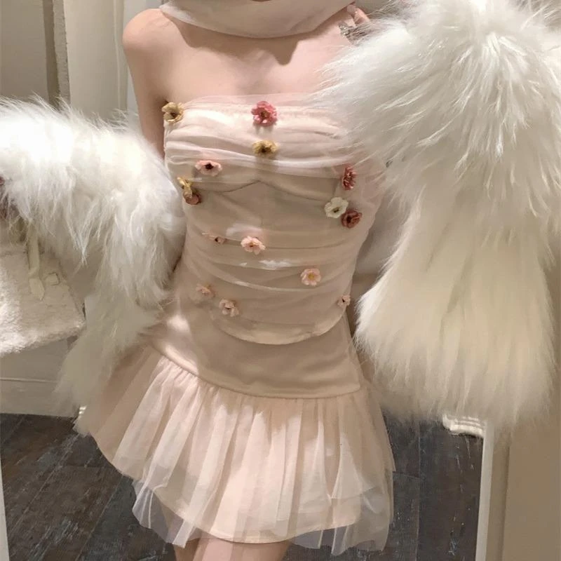 时尚套装女立体花朵修身蕾丝抹胸夏季网纱显瘦A字裙半身裙两件套