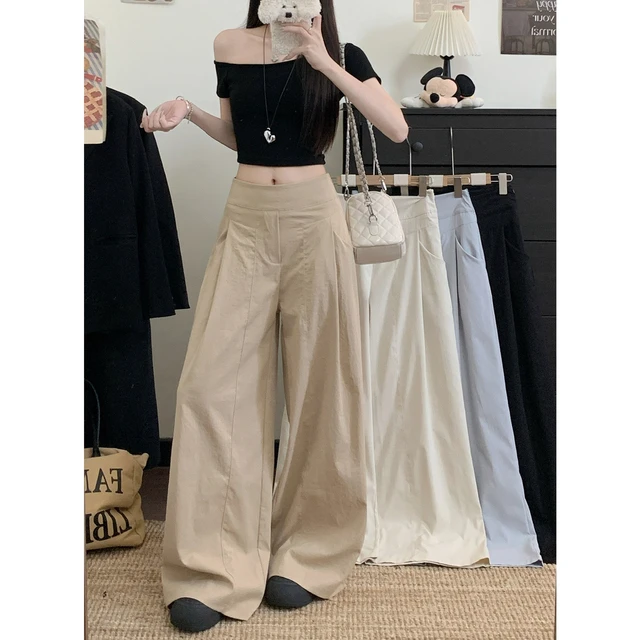 哥弟阿玛施正品卡其色垂感显瘦休闲裤女夏季高腰直筒裤子慵懒风宽