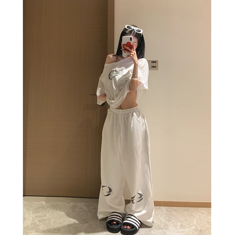 Two Million/盐系少女套装 微透印花短袖T恤女慵懒阔腿裤裤裤子