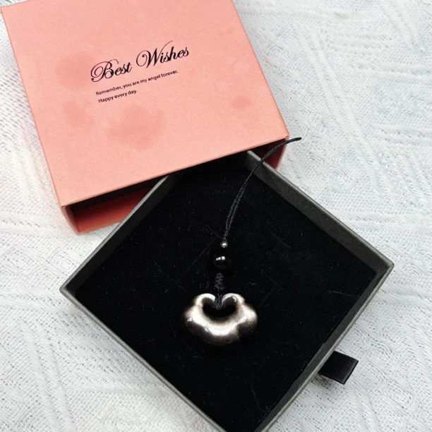 天然黑曜石银曜石护身纳福中国风情侣祥云挂件