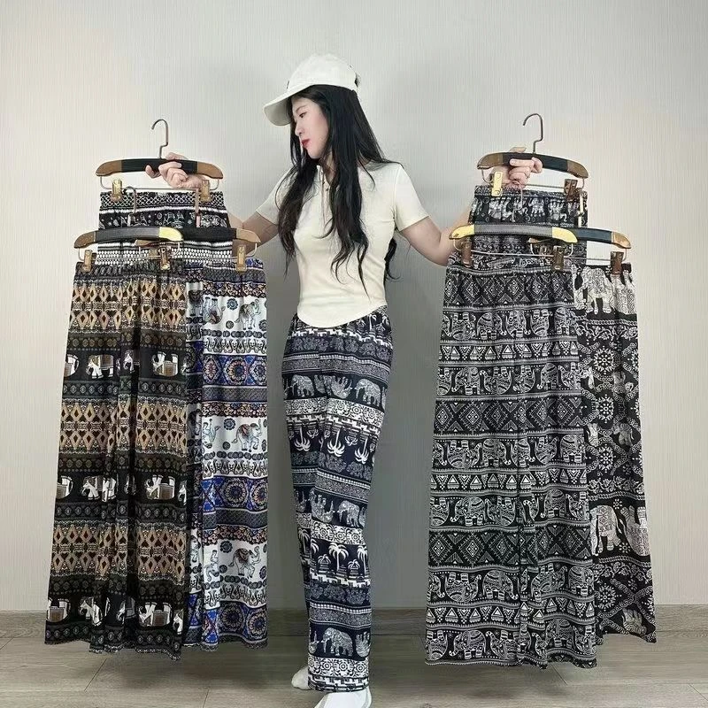 泰国大象民族风百搭休闲宽松垂感薄款洋气女士夏季冰丝女裤九分