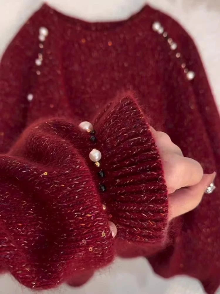 韩系气质珍珠毛衣2025秋冬新款千金风洋气休闲百搭针织长袖上衣