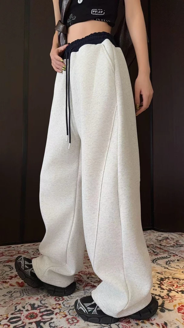 【羞＆姿】冬季新品加绒弯刀高腰百搭拼接设计长款卫裤宽松显瘦