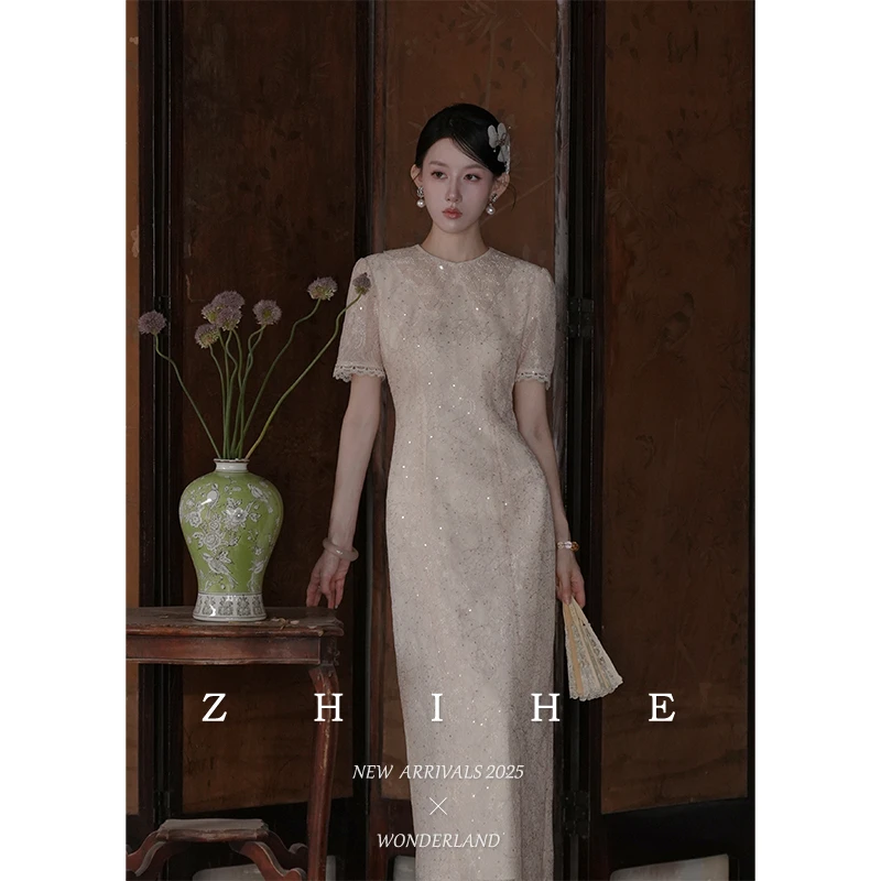 无艳一禾【绯云香】静奢雅致重工珠片蕾丝珍珠领收腰连衣裙