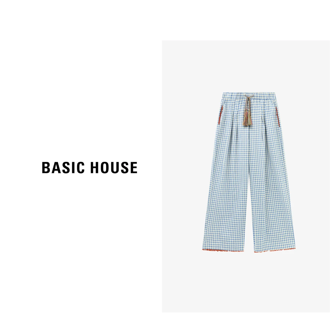 Basic House/百家好时尚潮流百搭抽绳款格纹梭织长裤-B0625B5FIE2