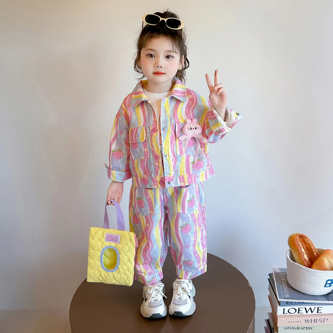 女童秋装2025新款洋气时髦多巴胺秋季立领外套休闲套装女宝宝儿童