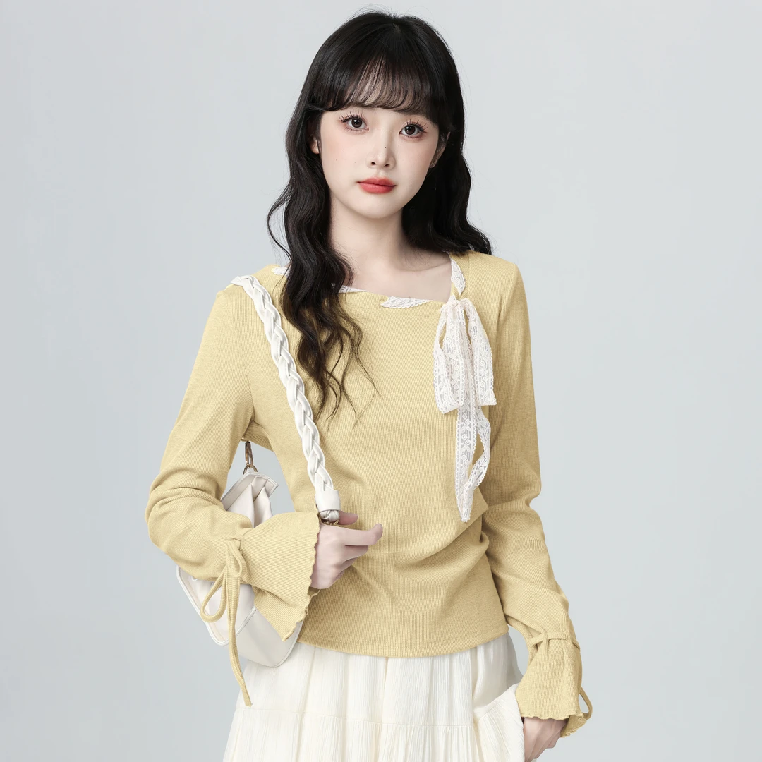 黄色蝴蝶结系带长袖T恤女2025春秋季新款喇叭袖斜领收腰短款上衣