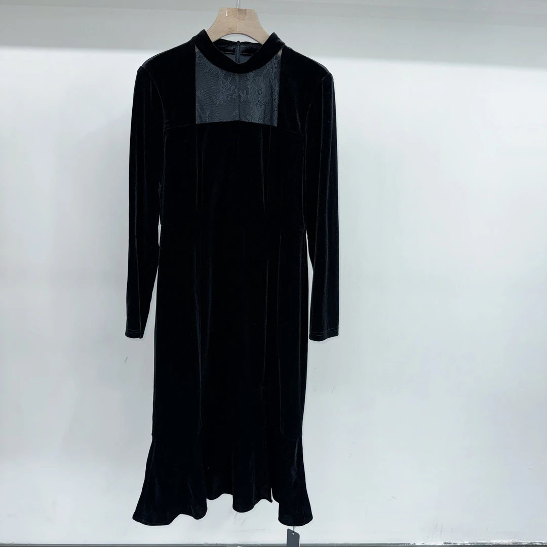 【羽*沙】黑色丝绒蕾丝拼接长袖连衣裙2024年秋季新款裙子243L002