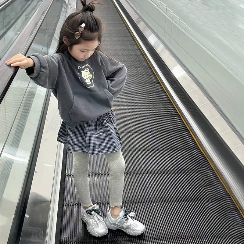 【安安家】女童秋季2025新卡通印花卫衣格子屁帘打底裤三件套R25444