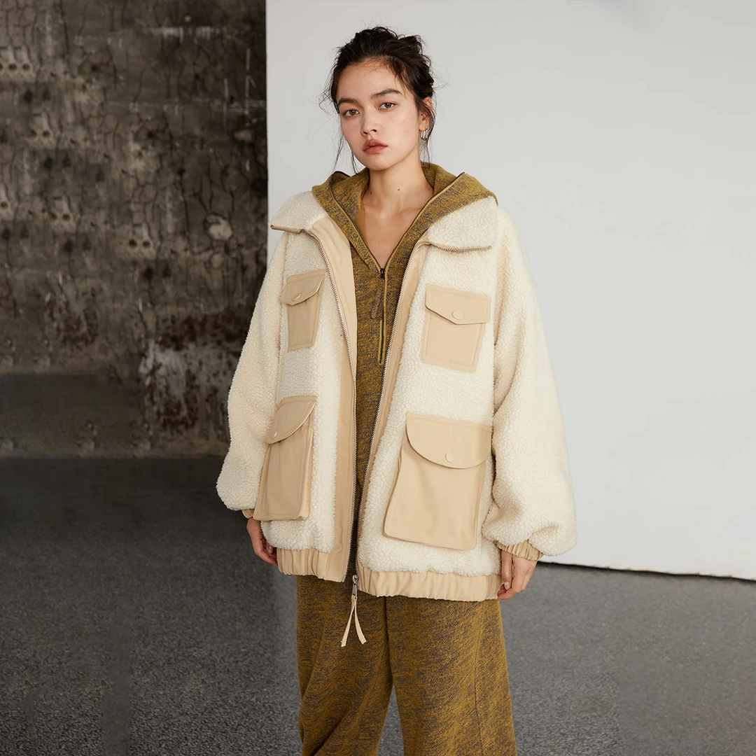 晶咕黑标舒适休闲宽松秋冬季行走的小暖炉时尚摇粒绒拼接外套