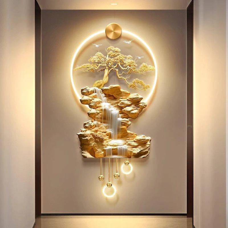 轻奢金色迎客松树入户门玄关装饰画高山流水生财走廊过道带灯壁画
