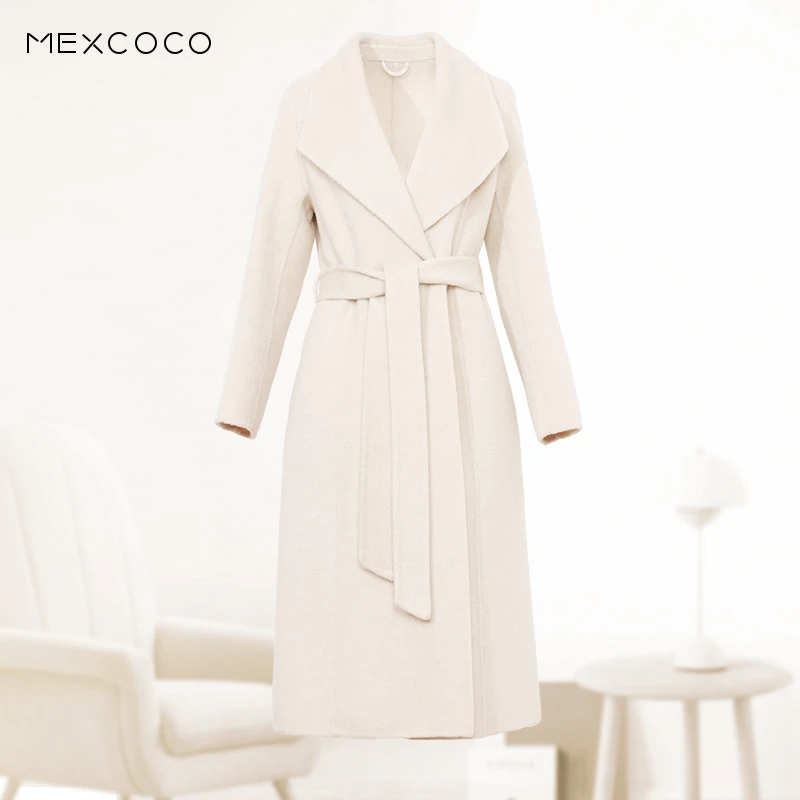 兰瑟儿冬季大衣新款气质翻领绑带含山羊绒绵羊毛大衣女805DE0682