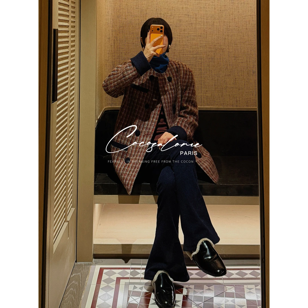 韩彬彬"中古小香"羊驼毛+绵羊毛小香风秋冬轻奢格纹外套女3379-8