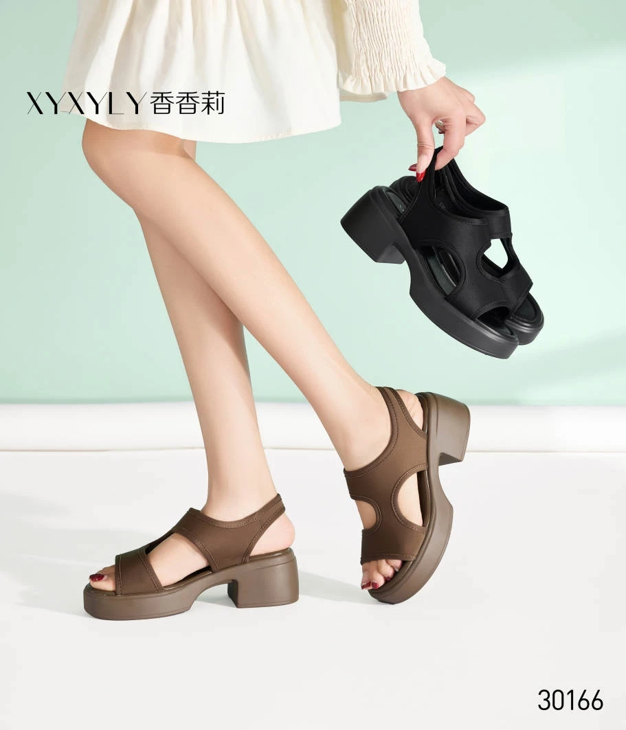 香香莉30166女鞋露趾魔术贴松糕沙滩布面通勤时尚凉鞋软底2025夏