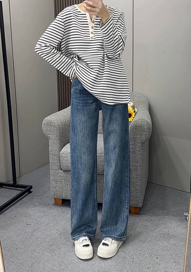 【雅妃家】孕妇阔腿裤秋冬新款侧边抽绳加绒牛仔裤产前产后可穿长裤