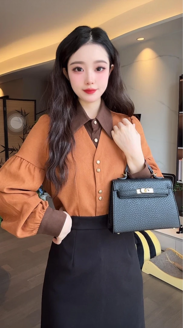 2025法式轻奢时尚气质长袖高级拼色设计复古秋季假两件上衣衬衫