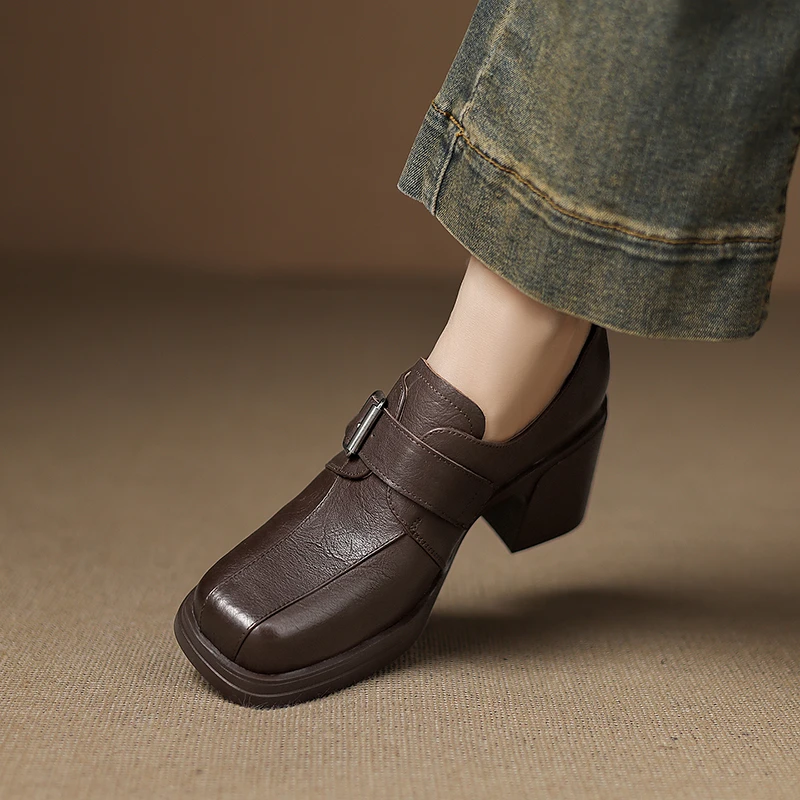 7.5厘米粗跟防水台深口单鞋女小个子真皮高跟鞋明星同款百搭鞋子