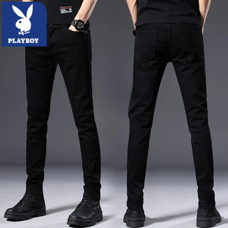 花花公子秋冬季黑色牛仔裤男士修身小脚弹力休闲百搭显瘦长裤子男