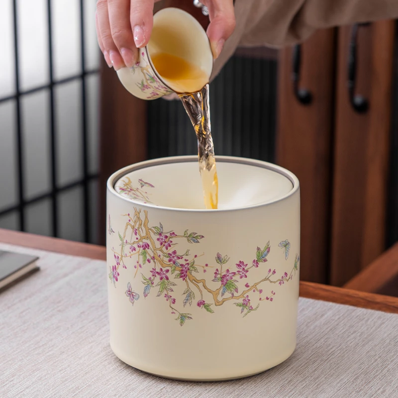 新款茶渣缸带盖陶瓷茶水桶家用桌面废水桶烟灰缸防飞灰大号大容量