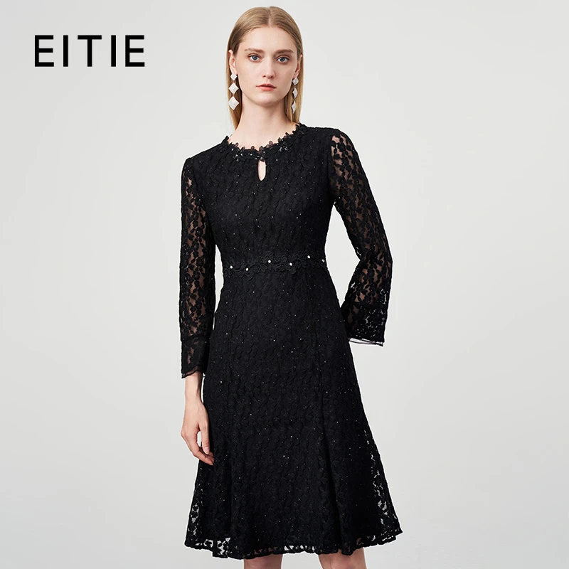EITIE爱特爱气质黑色蕾丝连衣裙时尚亮片优雅温柔感春秋款6707433