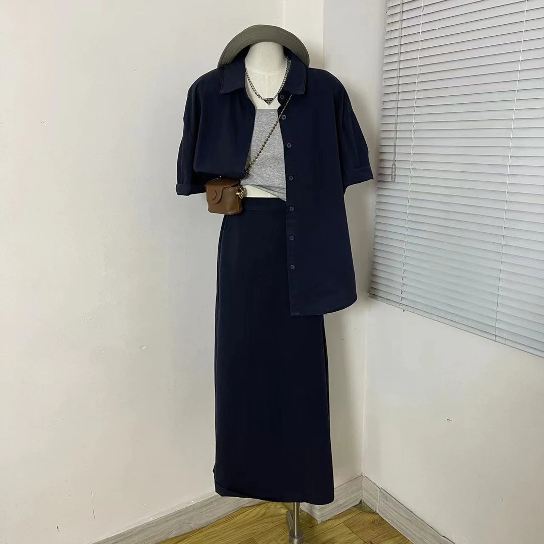 keke定制 韩国东大门夏季新款时尚宽松显瘦简约两件衬衣套装