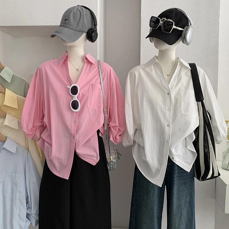 欧玛莱POLO领泡泡袖纯色收腰宽松衬衫女早春新品中袖上衣潮6007