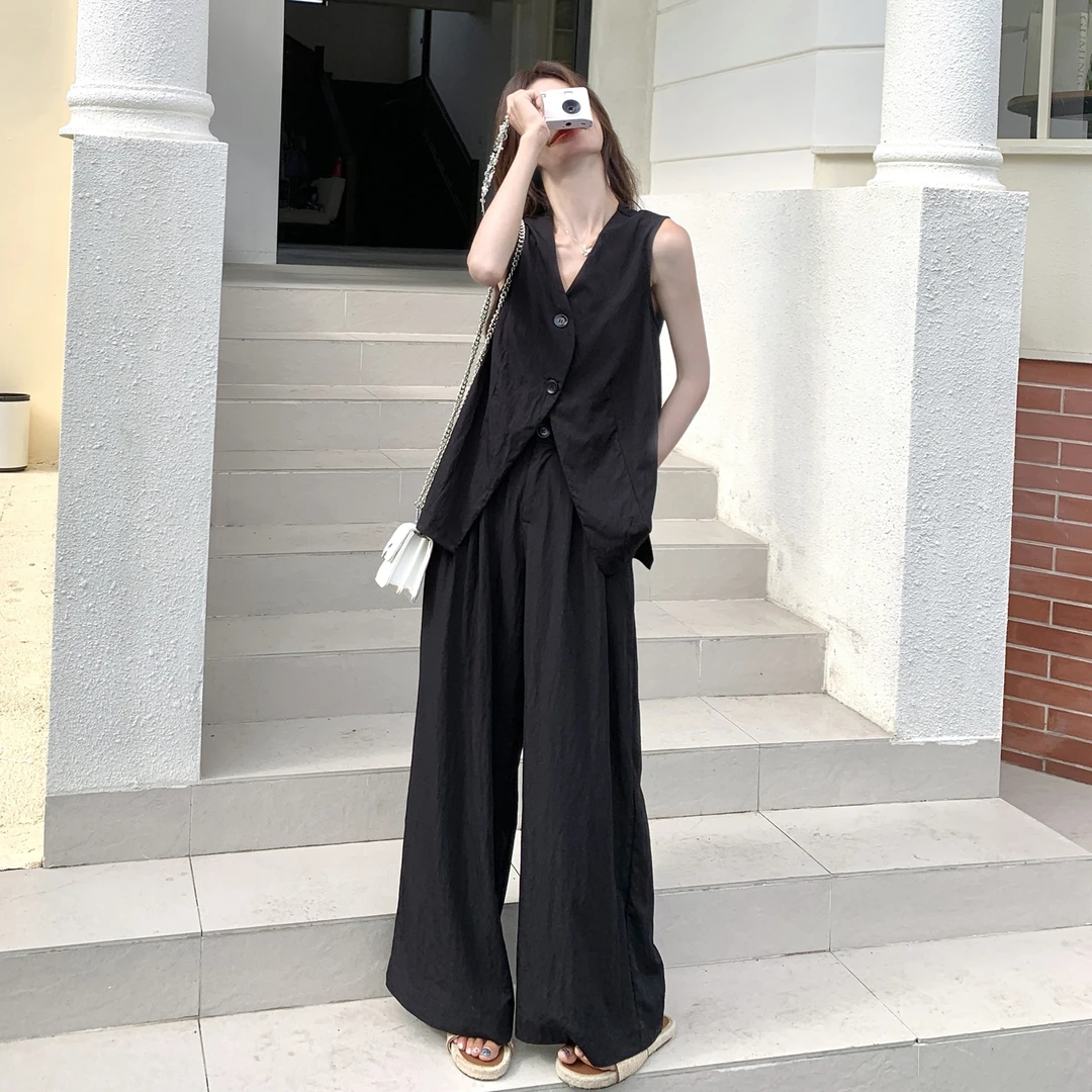 大量现货黑色露背扭结西装式阔腿裤两件套2C167-831-P135-K188