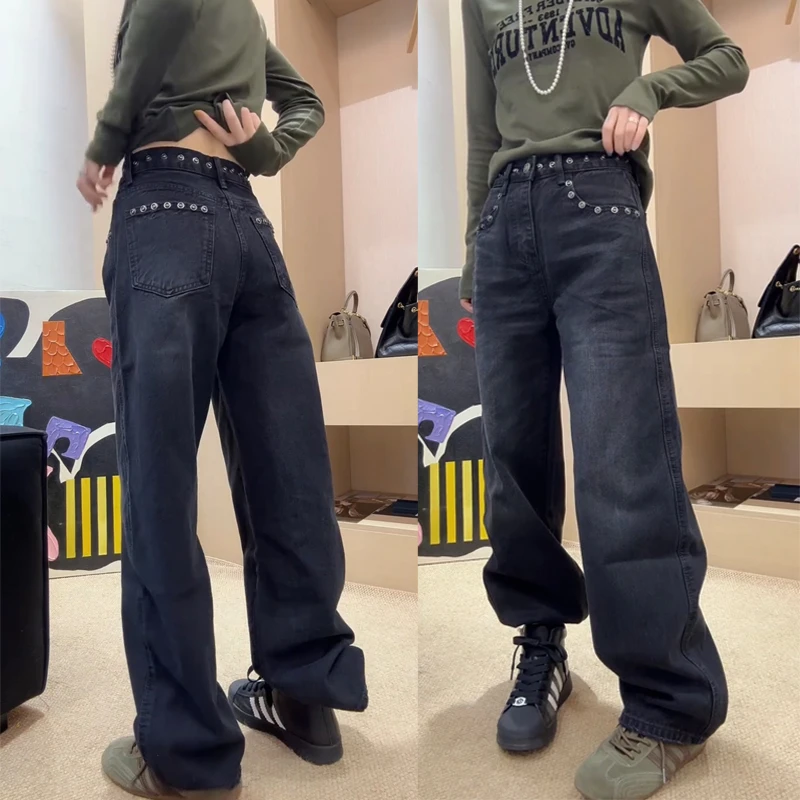 黑色铆钉直筒牛仔裤女2025秋季新款大码胖mm高腰显瘦百搭阔腿裤子