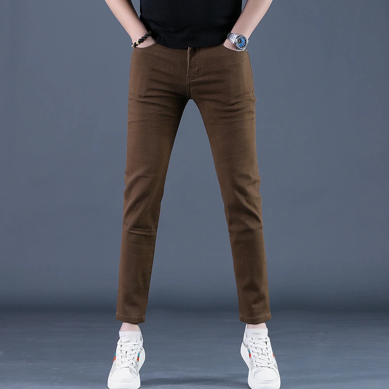 春夏季款深咖啡九分男士牛仔裤男韩版修身裤弹力紧身9分牛仔男裤