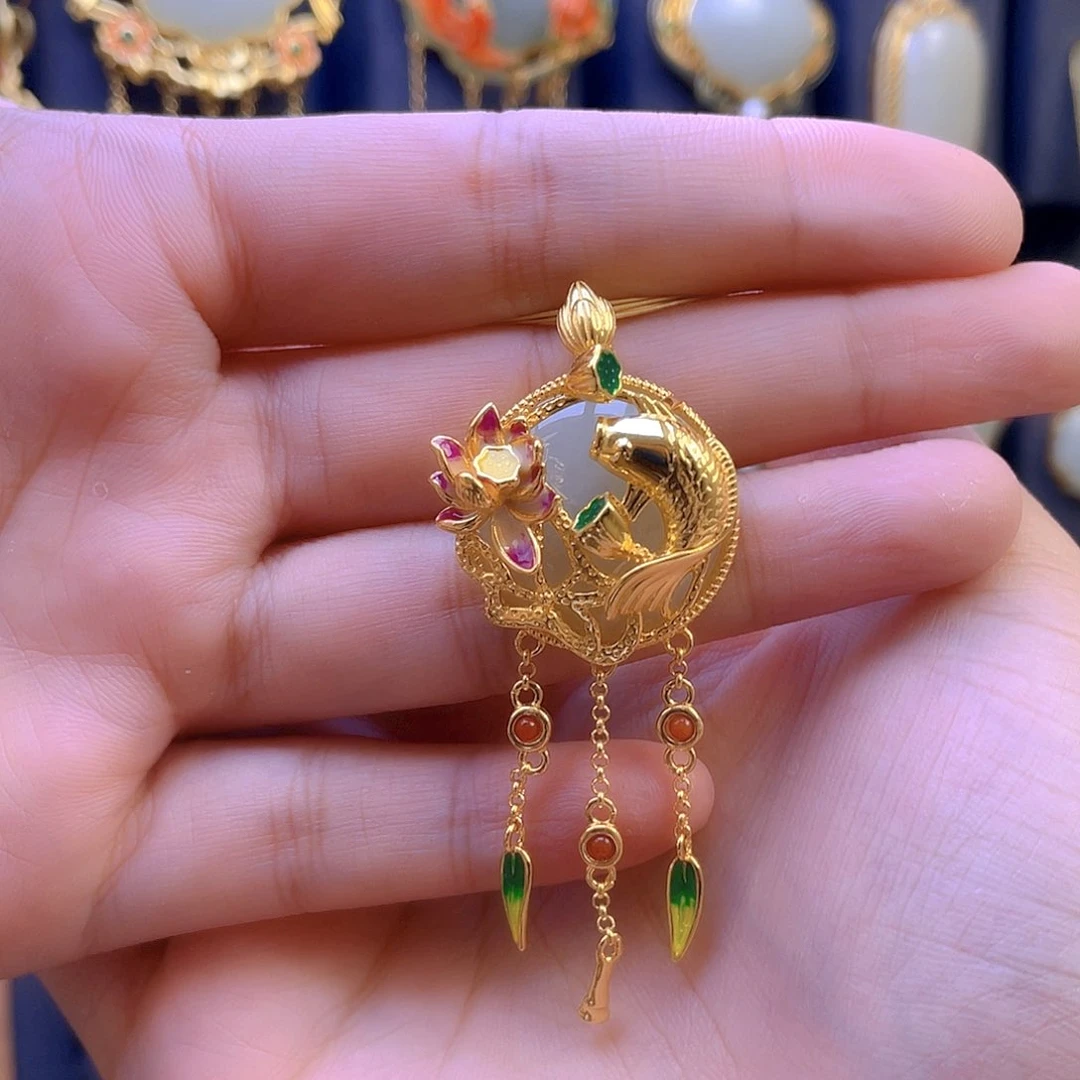 和田玉颈饰银S925镀金镶嵌